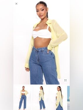 Fashion Nova Pale Yellow Sheer Button-Down Shirt